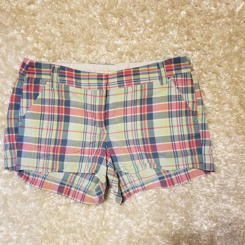 J Crew Plaid Chino Shorty Casual Shorts Green,Pink & Blue Sz 10 (34) 3" Inseam